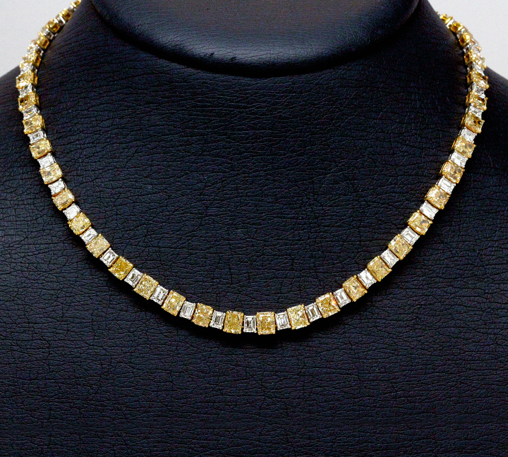 18k Yellow Gold &amp; Platinum Fancy Yellow 29.87cts &amp; Emerald Cut 10.30cts Diamond Necklace
