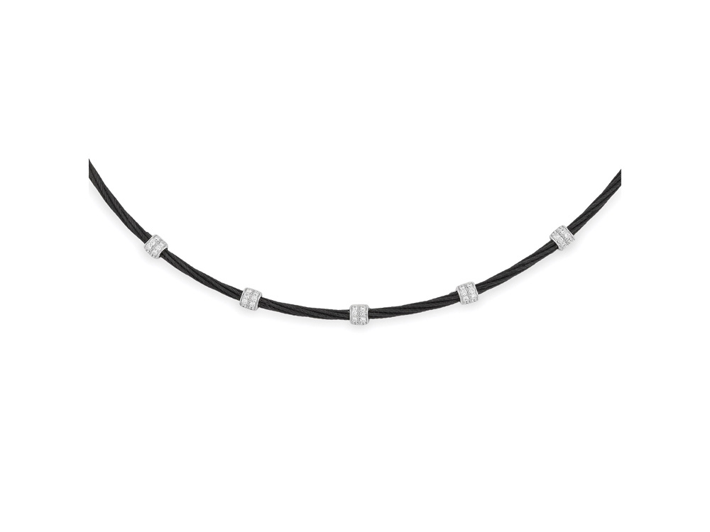 Necklace 18k White Gold &amp; Ss &amp; Black Cable, 5 Station
