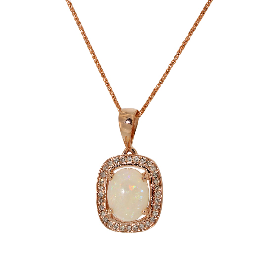 14k Rose Gold Oval Australian Opal In Cushion Shape Diamond Halo Pendant &amp; Chain