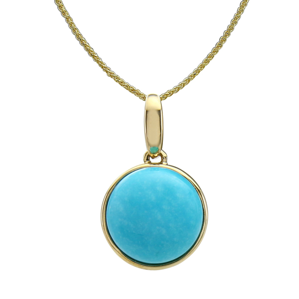 14k Yellow Gold Round Cabochon Turquoise Pendant &amp; Chain