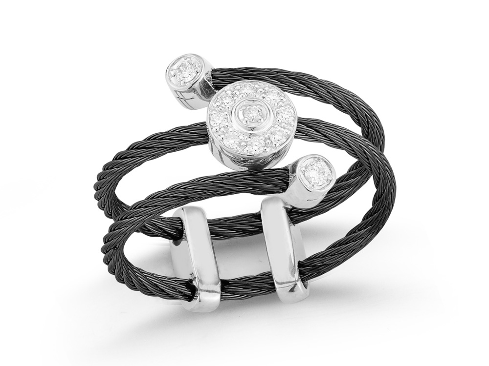 Ring 18k White Gold &amp; Ss &amp; Black Cable
