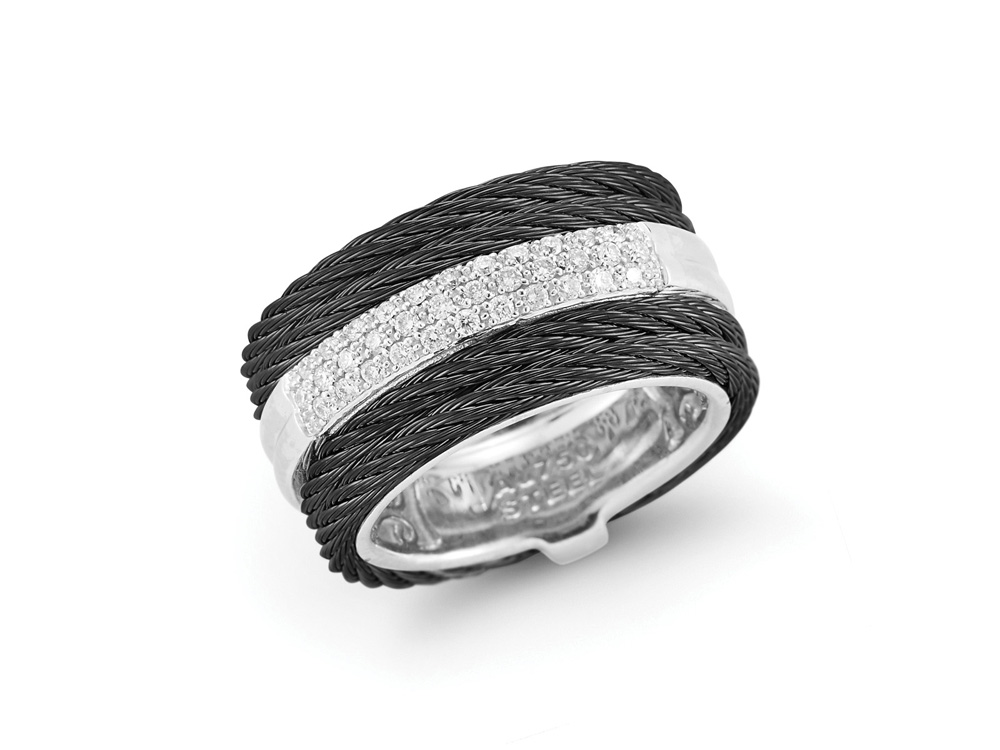 Ring 18k White Gold &amp; Ss &amp; Black Cable Size 7