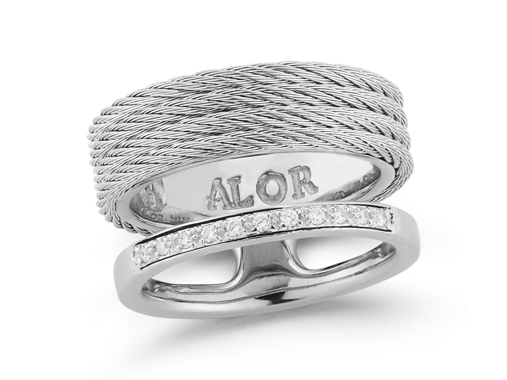 Ring 18k White Gold &amp; Ss &amp; Grey Cable