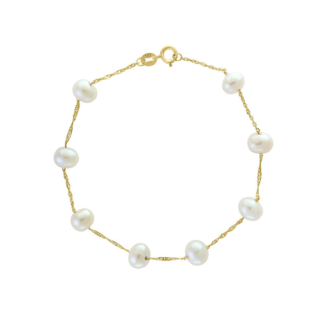 14k Yellow Gold White Fresh Water Pearl Bracelet Center: 6-6.5m Length 7.5&quot;