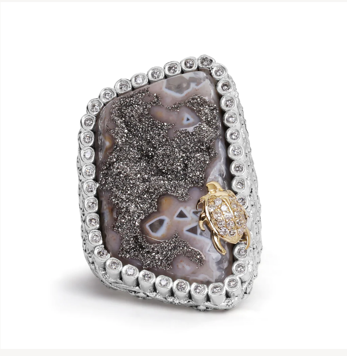One Of A Kind Platinum Druzy And Diamond Ring In Sterling Silver With 18K Gold Diamond Pave Adam