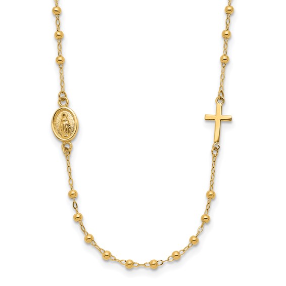 14K Polished Miraculous Medal and Cross Rosary Design Necklace