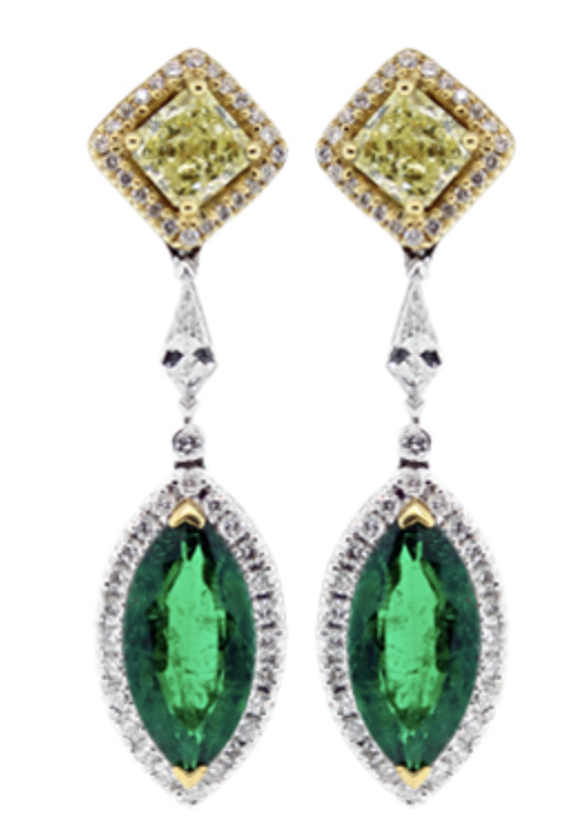 Fancy Yellow and Emerald Diamond Dangle Earrings