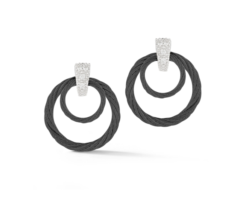 18k White Gold/Steel Diamond Top Double Circle Earrings