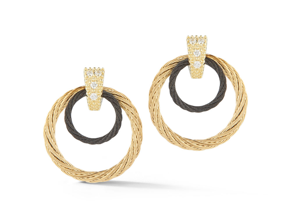 18kYellow Gold &amp; PVD Black Diamond Top Double Circle Earrings
