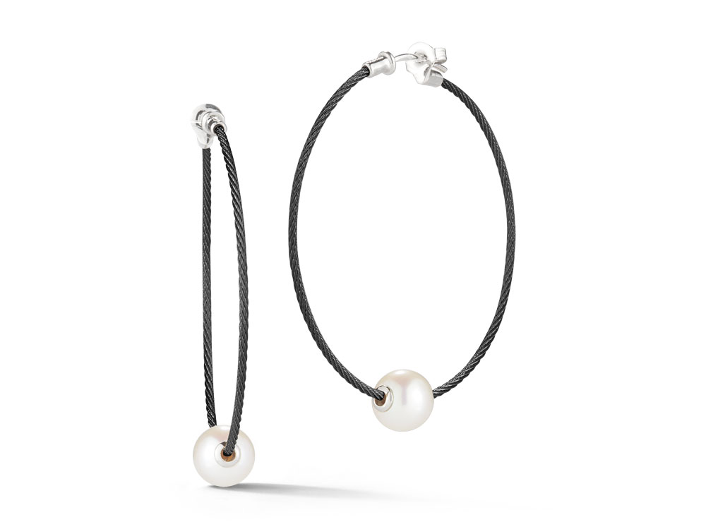 Black PVD Single Threaded Pearl Hoop Earring