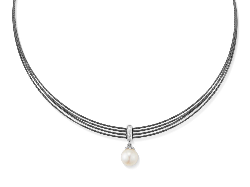 18k White Gold Diamond &amp; Black PVD 4 Strand Pearl Drop Necklace