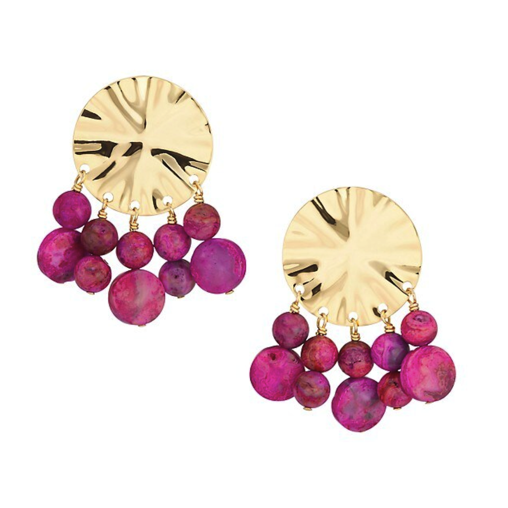 Wavy Disc Earrings With Purple Magenta Agate Drops