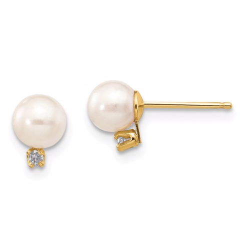 14k Yellow Gold 5-6mm White Round Freshwater Pearl W/Diamond Earrings
