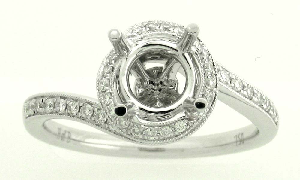 Demarco 18k White Gold Diamond Ring W/Brilliant Round Diamonds Swirled Around Head &amp; Down Shank