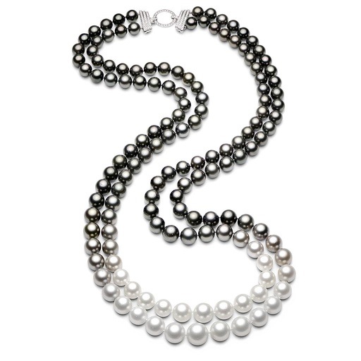 [DS.PERL.0010625] Tahitian &amp; South Sea Double Ombre Opera Necklace W/18k White Gold 1.20ct Clasp