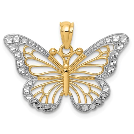[QU.GOLD.0050456] 14k &amp; Rhodium Diamond-Cut Polished Open Butterfly Pendant