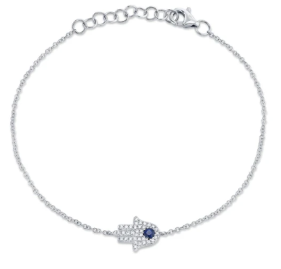 [SH.DIAM.0054071] 14k White Gold Diamond &amp; Blue Sapphire Hamsa Bracelet