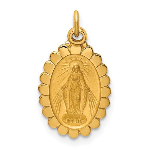 [QU.GOLD.0054347] 14k Solid Polished/Satin Small Oval Scalloped Miraculous Medal