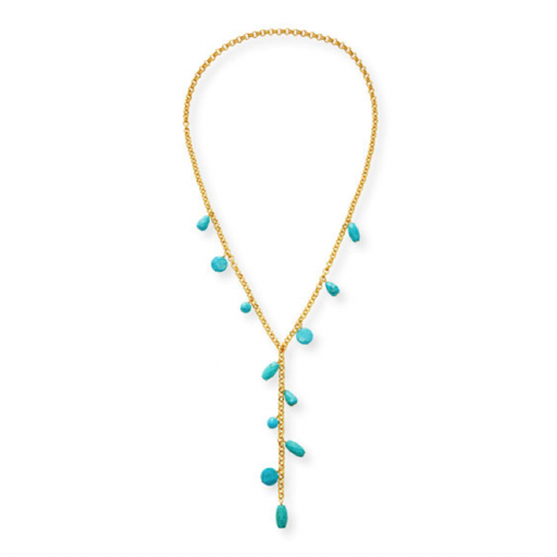 [NE.FASH.0054450] Long Gold Y Necklace With Turquoise Charms