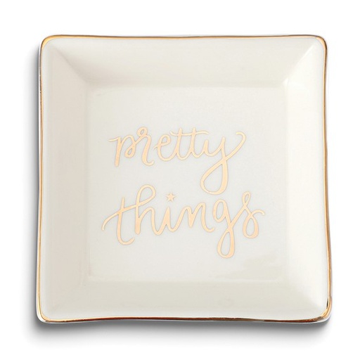 [GIFT.00076952] White with Gold-tone PRETTY THINGS Square Ceramic Trinket Dish