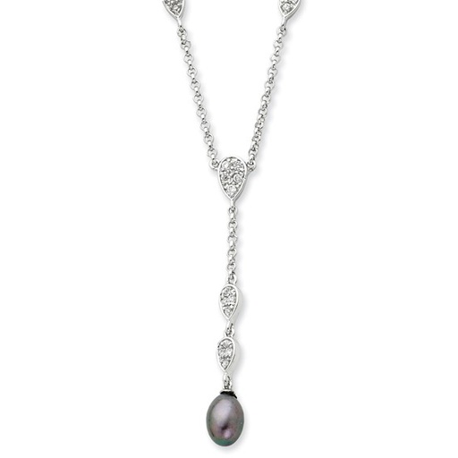 [FNEC.00078910] Sterling Silver CZ and Grey FW Cultured Pearl 16in Necklace