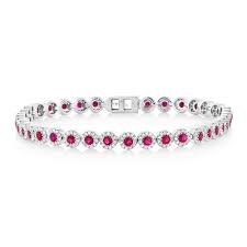 Shy Creation Eden 14k White Gold Ruby W/Diamond Halo Tennis Bracelet 1.22cttw