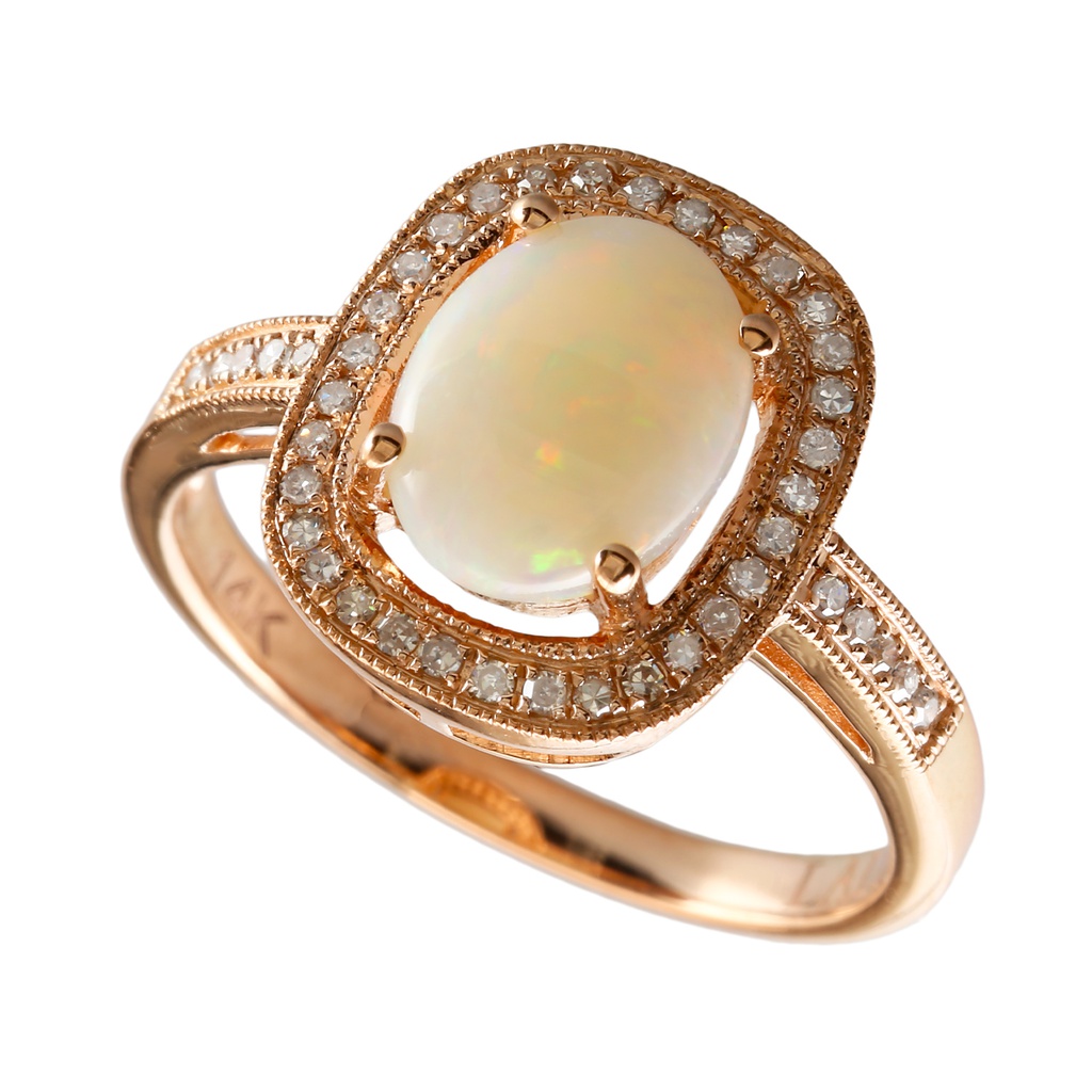 14k Rose Gold Oval Australian Opal In Cushion Shape Diamond Halo Ring
