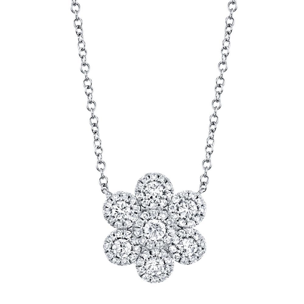 14k White Gold 7 Diamond Flower Necklace W/Halos