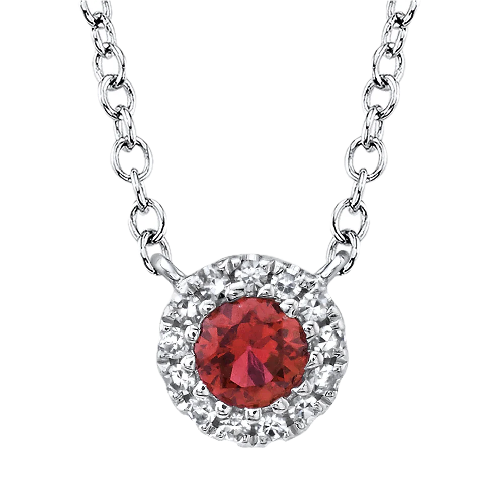 Shy Creation 14k White Gold Ruby W/Diamond Halo Necklace