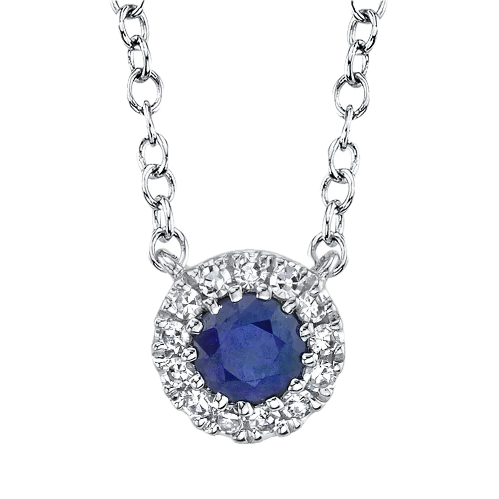 Shy Creation 14k White Gold Sapphire W/Diamond Halo Necklace