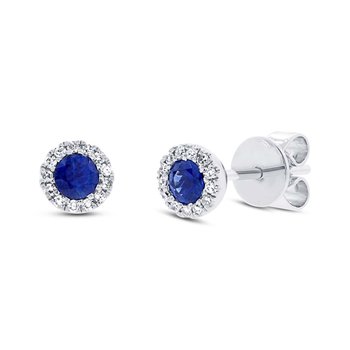 Shy Creation Eden 14k White Gold Sapphire Studs W/Diamond Halo