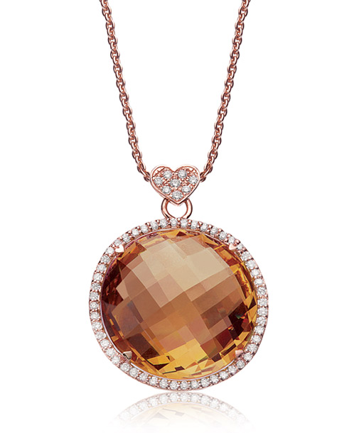 18k Rose Gold 20m Round Citrine Necklace W/.47cts Diamonds
