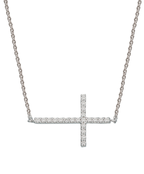 18k White Gold Sideways Cross Necklace W/Diamonds