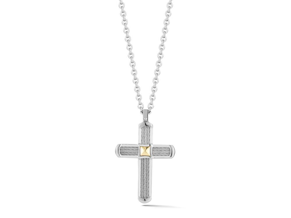 Men Necklace 18k Yellow Gold & Ss W/Ss Cable & Gray Ss 24 In Chain