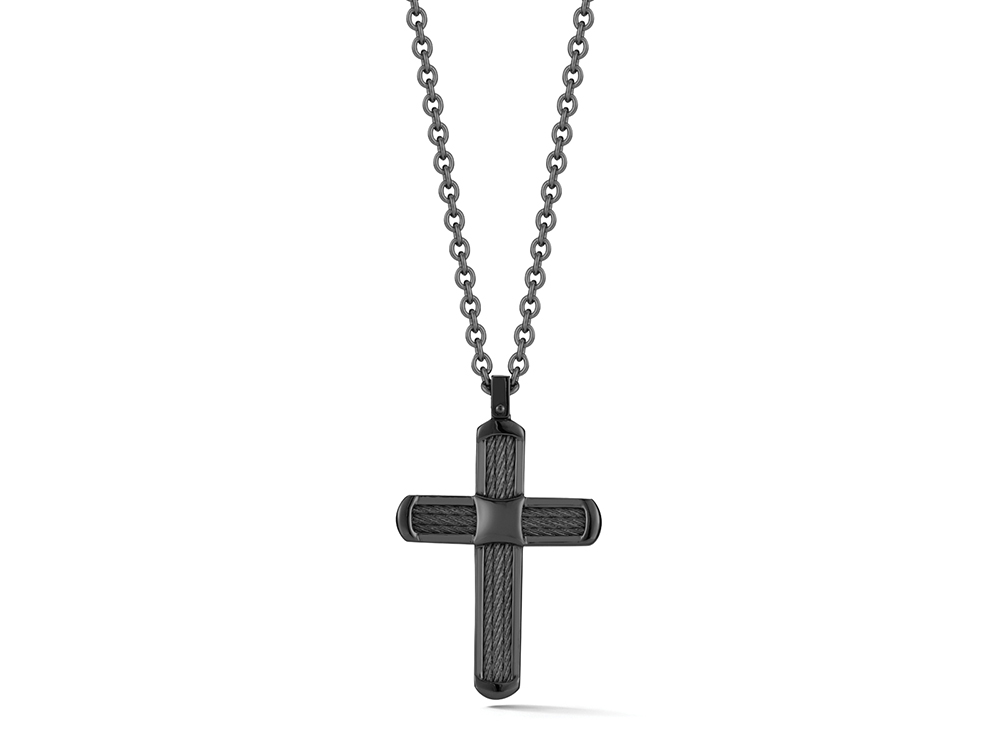 Men Necklace 18kt/Ss W/Black Cable & Black Ss 24 In Chain