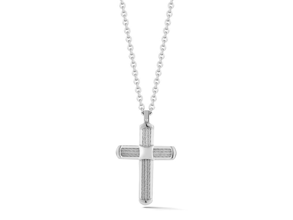 Men Necklace 18kt/Ss W/Ss Cable & Gray Ss 24 In Chain
