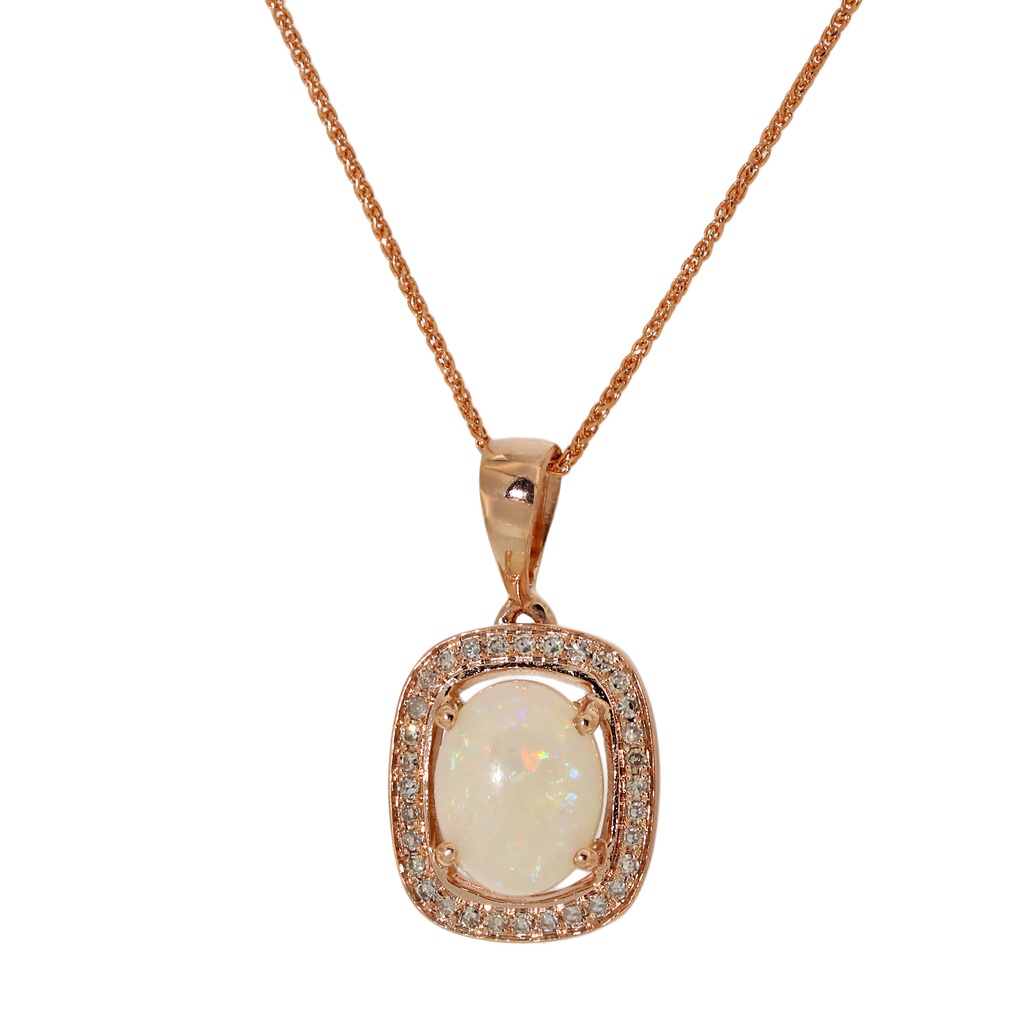14k Rose Gold Oval Australian Opal In Cushion Shape Diamond Halo Pendant & Chain