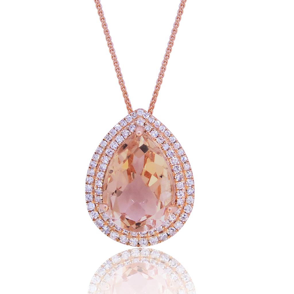 14k Rose Gold Pear Shape Morganite & Diamond Pendant & Chain