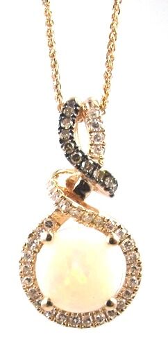 14k Rose Gold Round Australian Opal, Brown &amp; White Diamond Pendant &amp; Chain