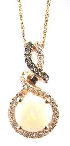 14k Rose Gold Round Australian Opal, Brown & White Diamond Pendant & Chain