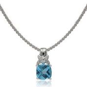 14k White Gold Cushion Swiss Blue Topaz W/5 Diamond Pendant & Chain