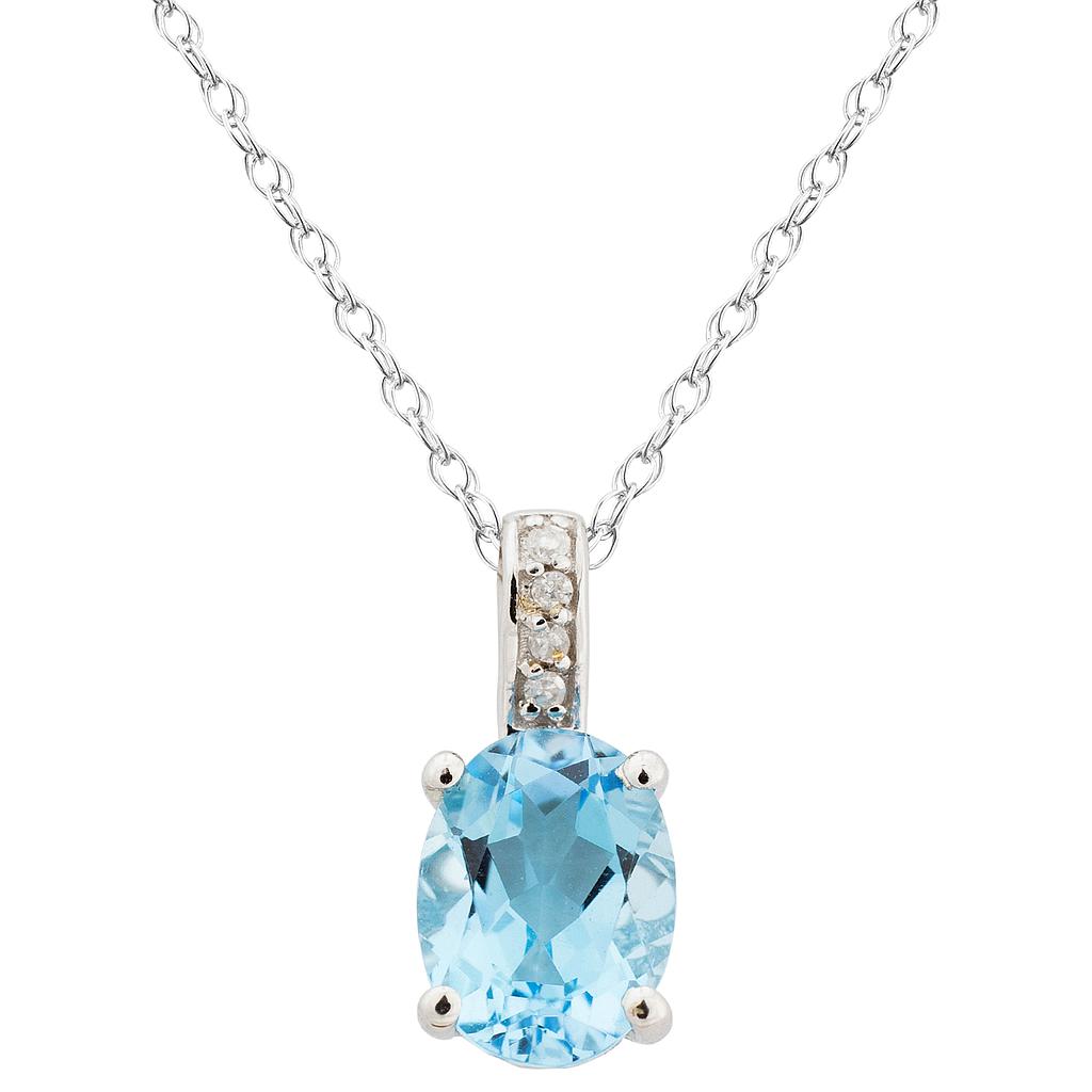14k White Gold Diamond & Swiss Blue Oval Topaz 8 X 6m Pendant W/18" Chain- December