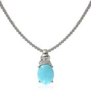 14k White Gold Oval Turquoise & Diamond Pendant & Chain