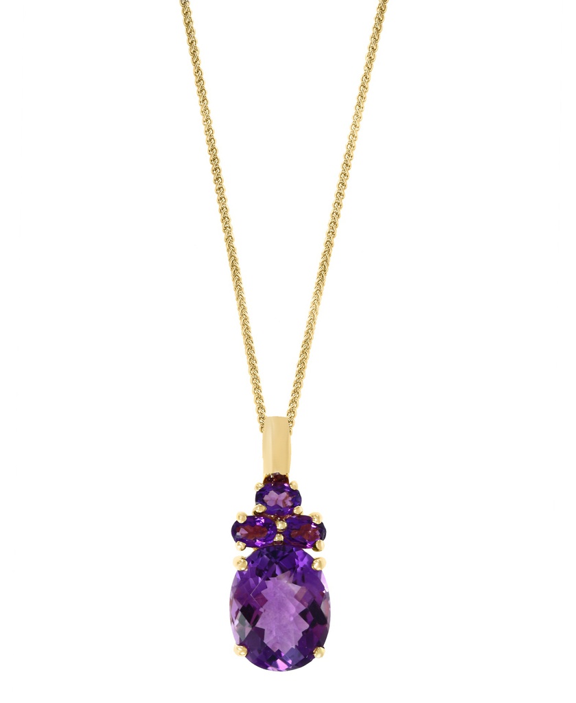 14k Yellow Gold Oval Amethyst W/3 Round Amethyst Pendant & Chain