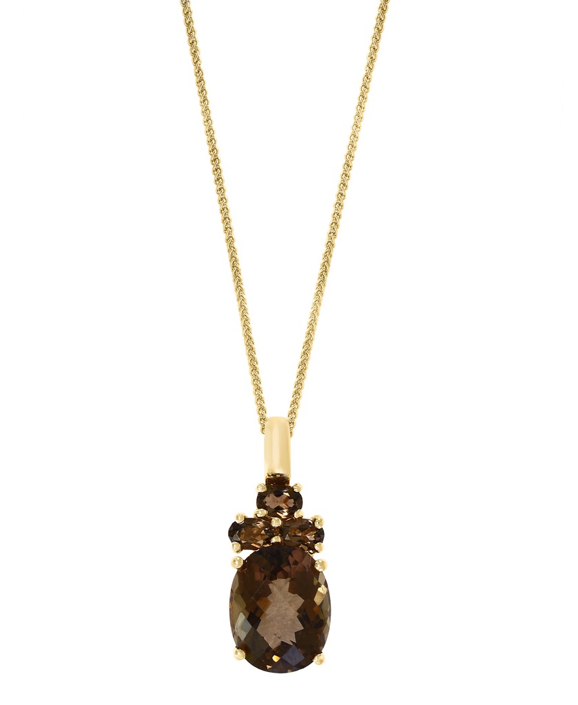 14k Yellow Gold Oval Smokey Quartz & 3 Round Smokey Quartz Pendant & Chain