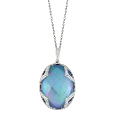 18k Diamond Pendant With White Topaz Over White Mother Of Pearl Over Lapis As Triplet