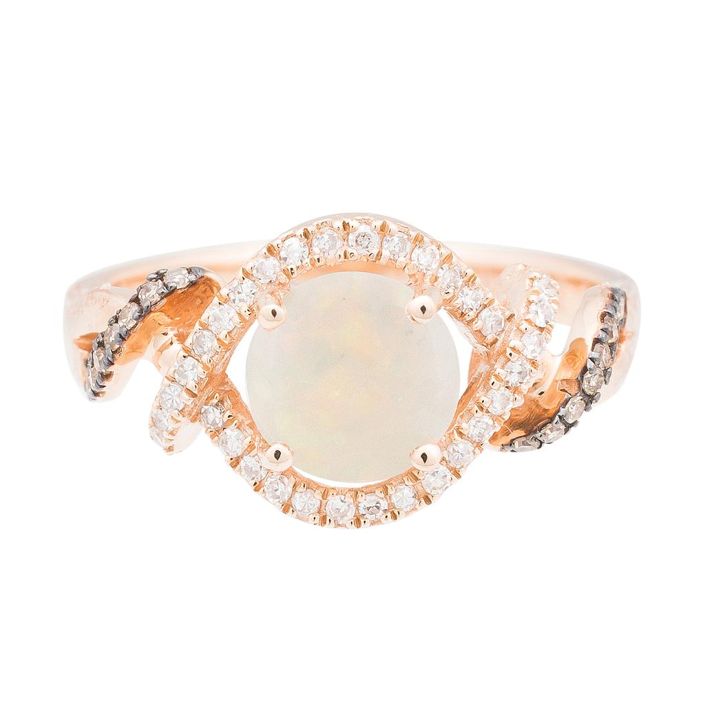 14k Rose Gold Round Australian Opal, Brown & White Diamond Ring