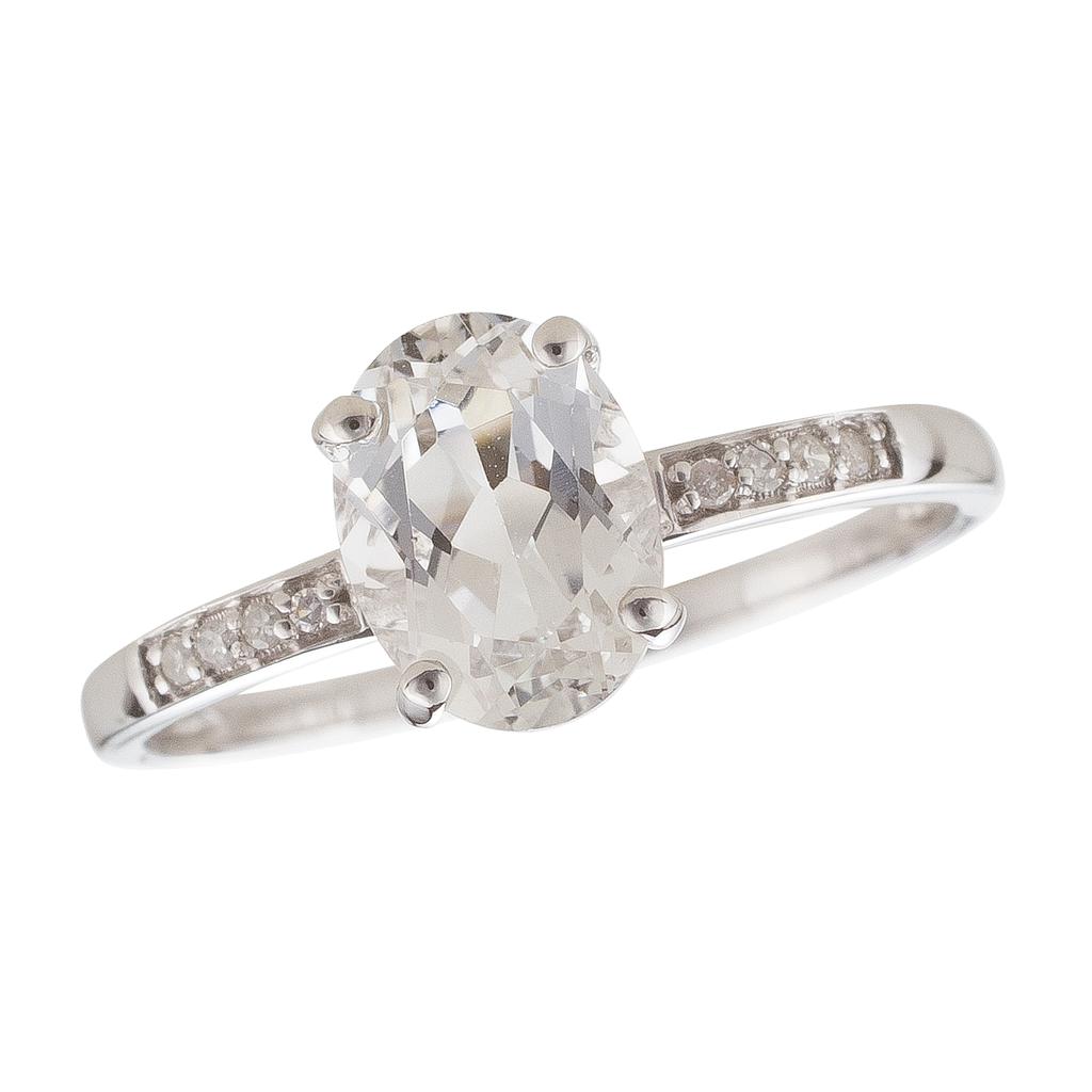 14k White Gold Diamond & White Topaz Oval 8x6m Ring- April