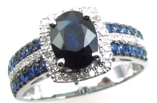 14k White Gold Sapphire &amp; Diamond Ring With Triple Row Shank
