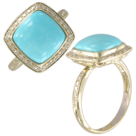 14k Yellow Gold Cushion Turquoise With Diamond Halo Ring